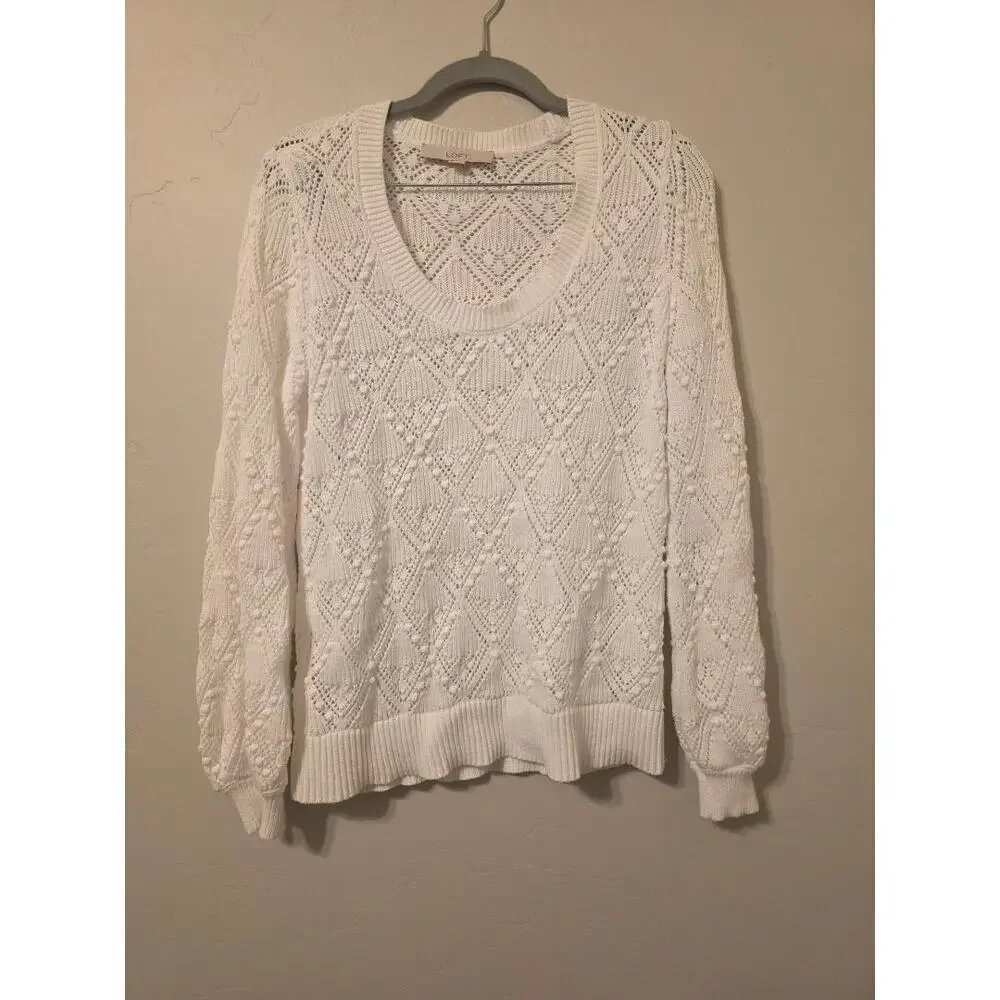 LOFT White Pointelle Knit Sweater Cotton Lightweight Cottagecore Medium